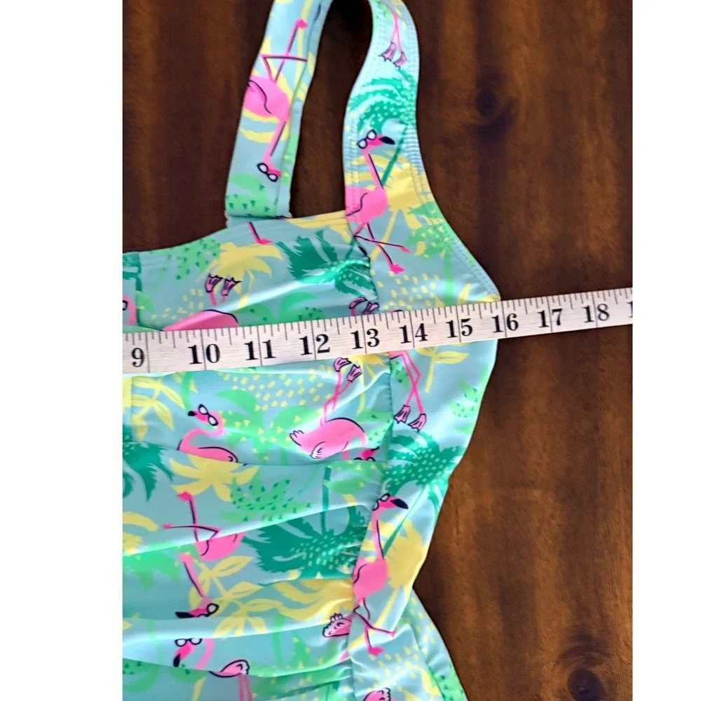Berkley Jensen Womens Flamingo‎ Palm Tree One Piece Ruched Swimsuit Blue Size M